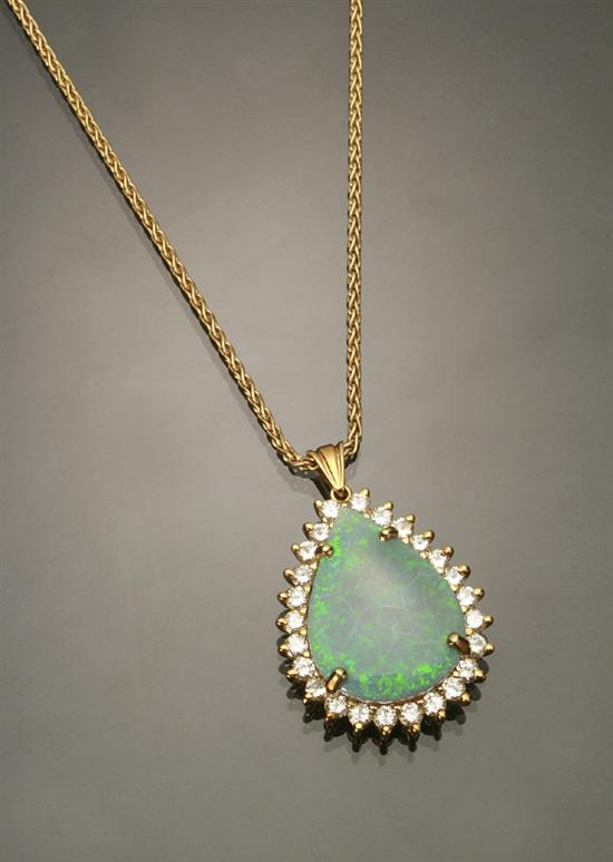 Appraisal: -Karat Yellow-Gold Black Opal and Diamond Pendant and Chain Set