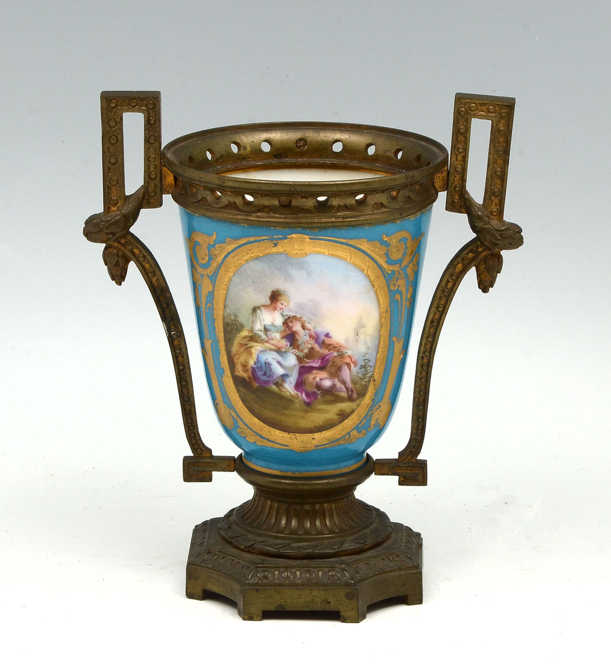 Appraisal: SERVES METAL MOUNTED VASE Metal mounted blue ground Sevres vase