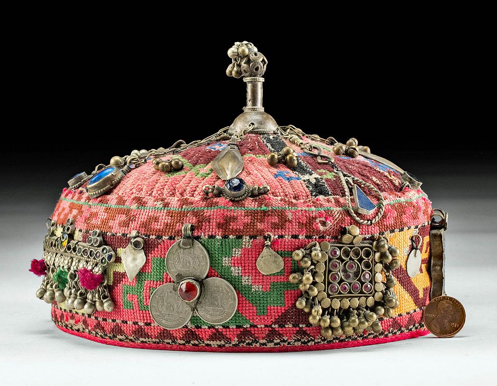 Appraisal: Vintage Afghani Kuchi Textile Hat w Brass Ornaments Central Asia