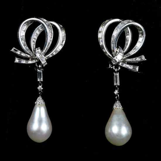 Appraisal: PAIR K WHITE GOLD DIAMOND AND CULTURED PEARL PENDANT EARRINGS