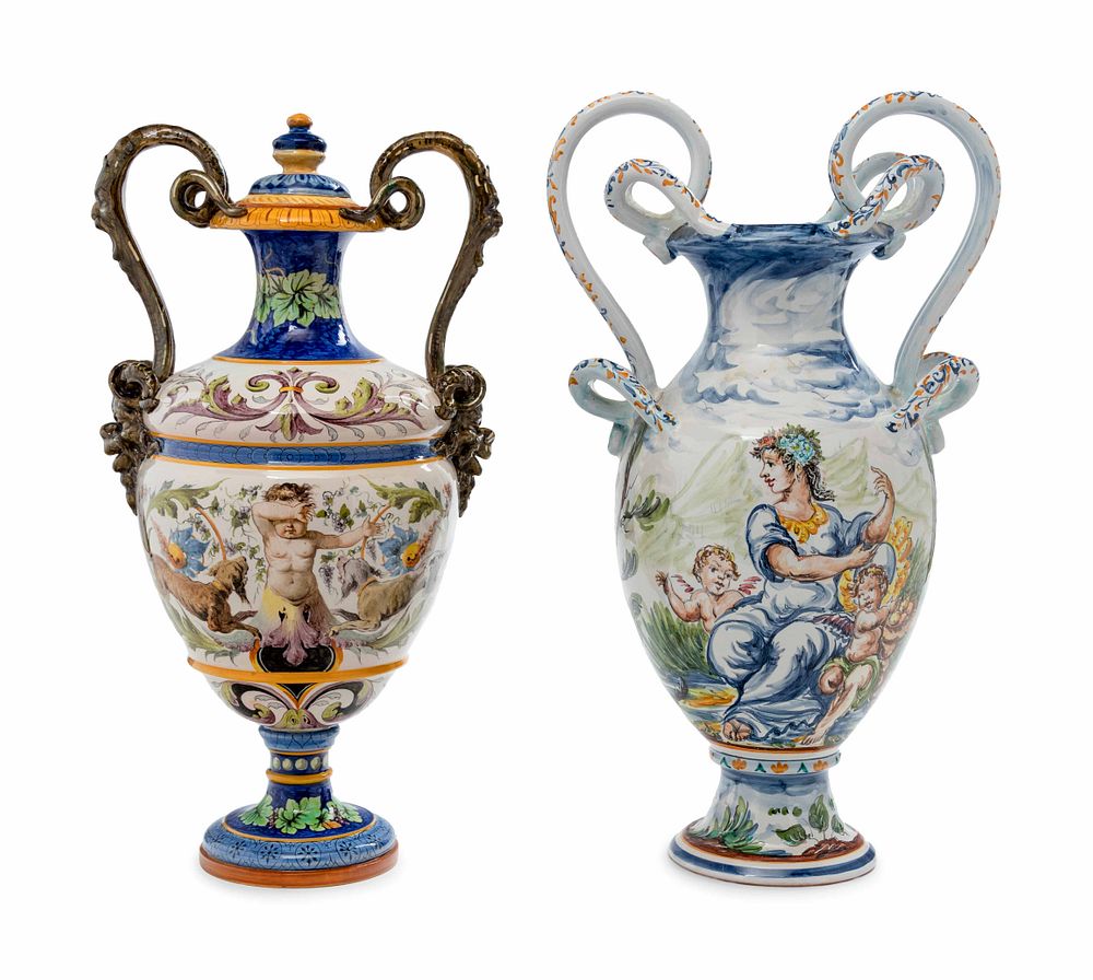 Appraisal: Two Italian Faience Handled Urns Two Italian Faience Handled Urns