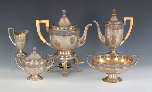 Appraisal: Russian five piece silver tea service stamped in cyrillic K