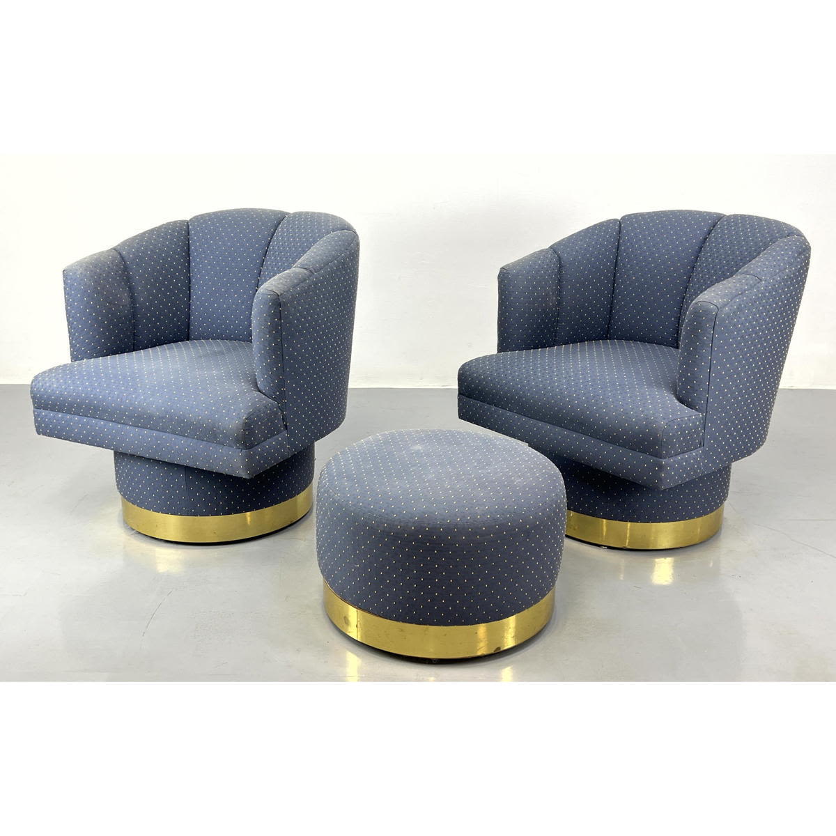 Appraisal: Milo Baughman Style Brass Base Barrel Chairs and Ottoman Dimensions