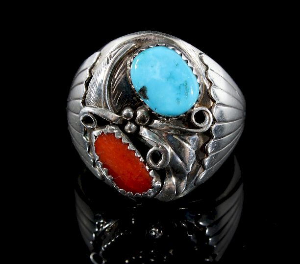 Appraisal: Signed Navajo Silver Turquoise Coral Ring Featured in this lot