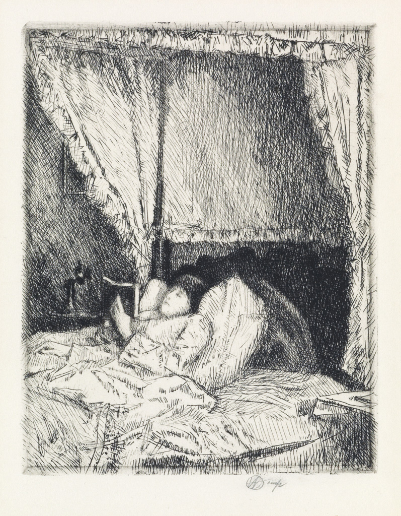 Appraisal: CHILDE HASSAM Reading in Bed Etching x mm x inches