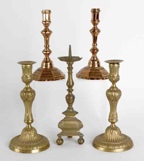 Appraisal: Two pair of brass candlesticks together with a pricket candlestick