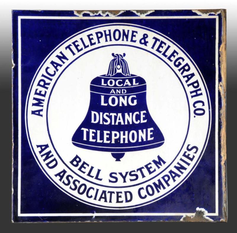 Appraisal: Porcelain AT T Telephone -Sided Flange Sign Description Circa s