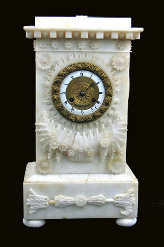 Appraisal: AN ALABASTER SHELF CLOCK hand sculpted with rosettes and stylized