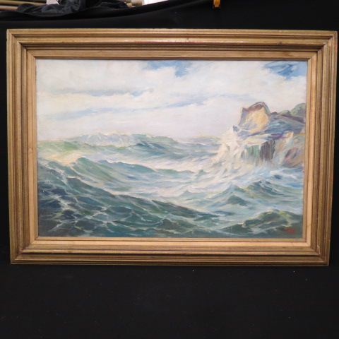 Appraisal: V Cali oil rocky coastline on masonite image area X