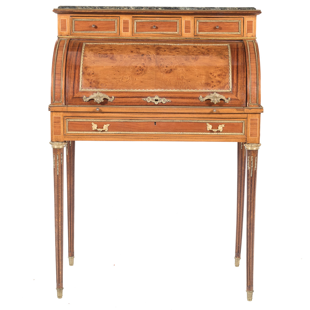 Appraisal: Louis XVI style parquetry inlaid bureau cylindre th century marble