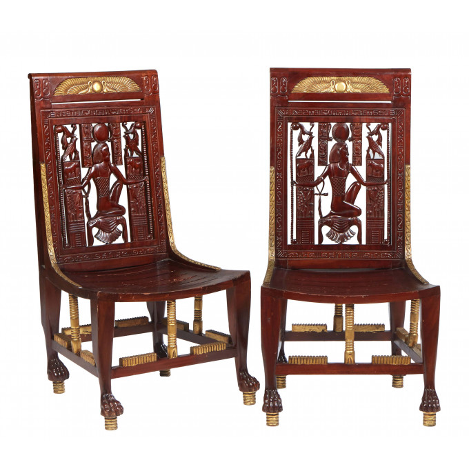 Appraisal: Pair of Gilt Pierced Carved Mahogany Egyptian Revival Side Chairs