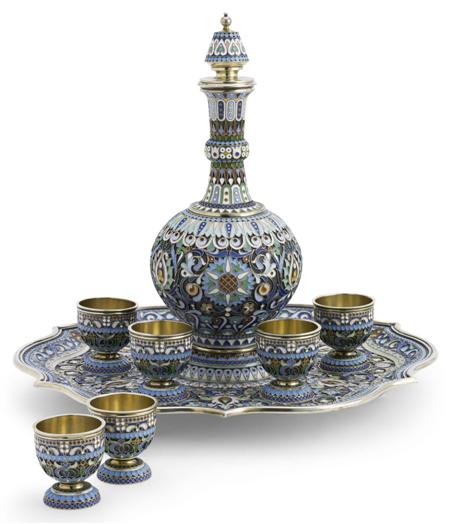 Appraisal: A silver-gilt and cloisonn enamel and silver vodka set Pavel