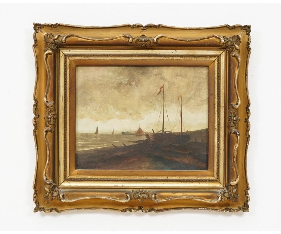 Appraisal: T Willett oil on canvas of ships at dusk late