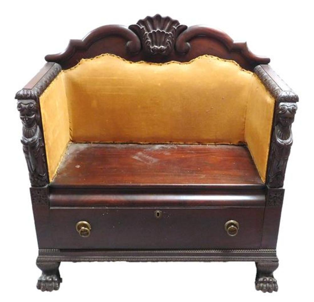 Appraisal: Hall bench with caryatid figures single drawer upholstery in poor