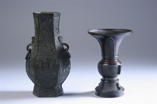 Appraisal: TWO CHINESE BRONZE VASES th- th century One hexagonal form