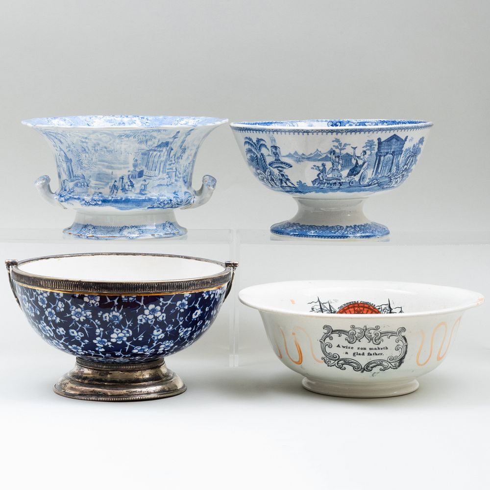 Appraisal: Three English Transfer Printed Bowls and an Silvered-Metal-Mounted Bowl Comprising