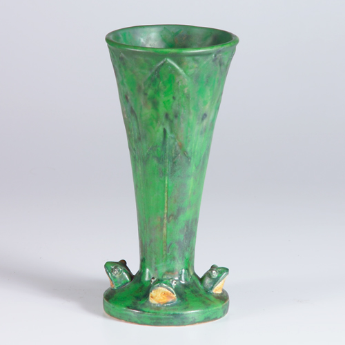 Appraisal: WELLER Coppertone flaring vase with frog heads around base Extensive