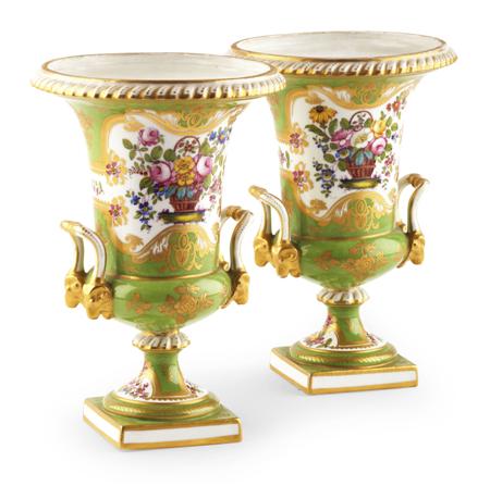 Appraisal: PAIR OF ROCKINGHAM STYLE CAMPANA VASES TH CENTURY each with