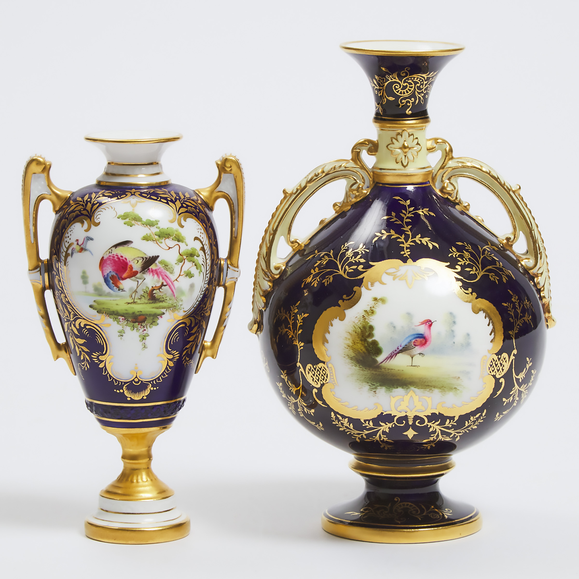 Appraisal: Two Coalport or Royal Worcester Exotic Bird Painted Two-Handled Cabinet