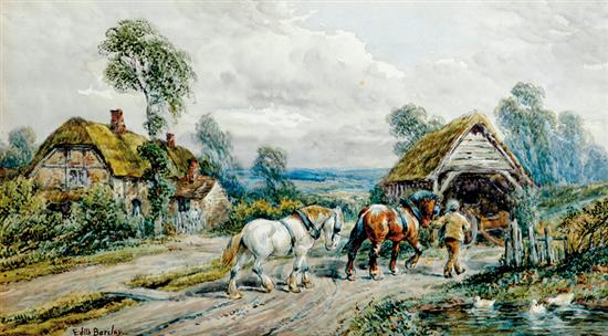 Appraisal: Edith Barclay British th century FARMYARD SCENE WITH HORSES watercolor