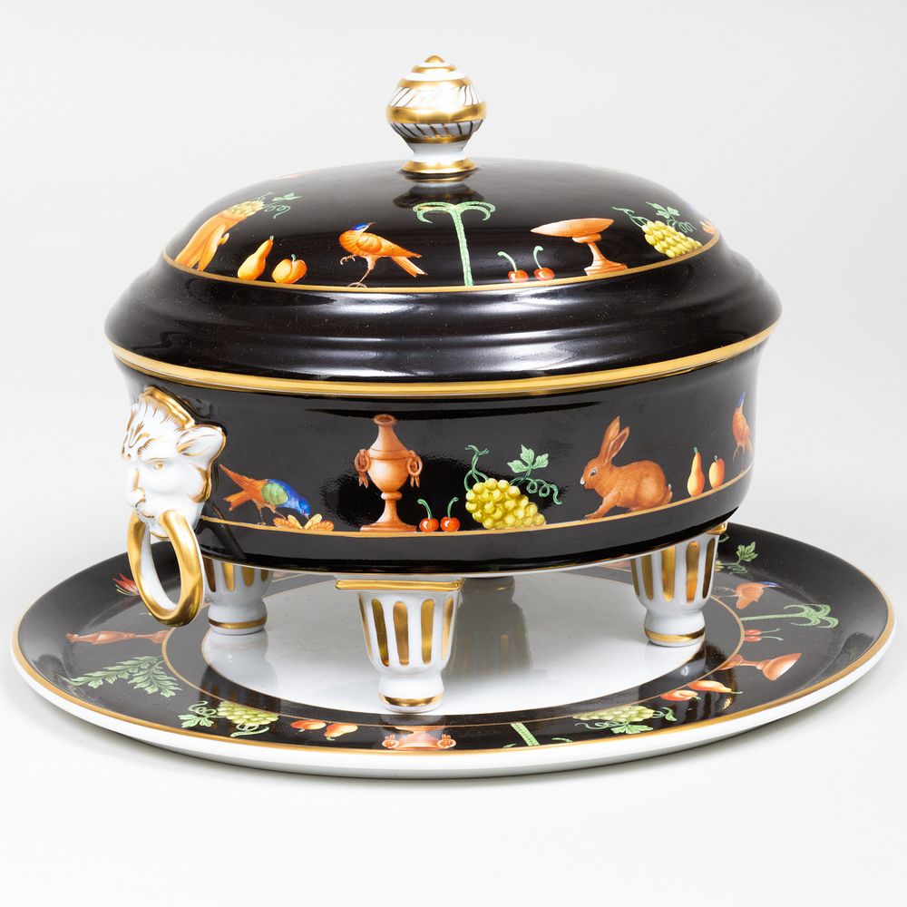 Appraisal: Le Tallec Paris Black Ground Porcelain Tureen Cover and Underplate