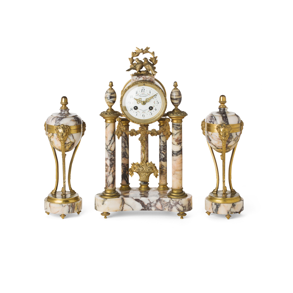 Appraisal: FRENCH GILT METAL AND MARBLE THREE PIECE PORTICO CLOCK GARNITURE