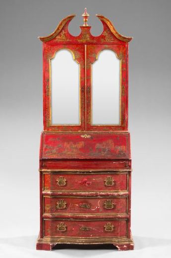 Appraisal: George III-Style Red Lacquered Secretary Bookcase late th century the