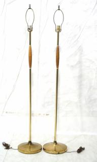 Appraisal: Pr Modernist Brass Wood Floor Lamps Brass pole with swollen