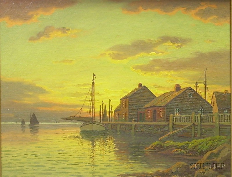 Appraisal: Framed Oil on Canvas Dock Scene at Sunset inscribed T