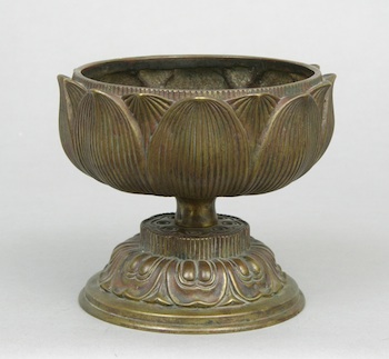 Appraisal: Japanese Bronze Lotus Bowl on Pedestal Heavy and ornate gilt