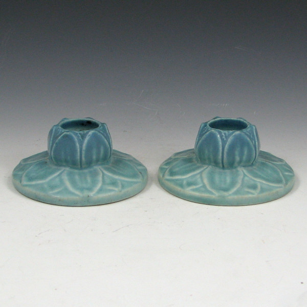 Appraisal: Rookwood Lotus Candleholders Pair Rookwood lotus candleholders in light blue