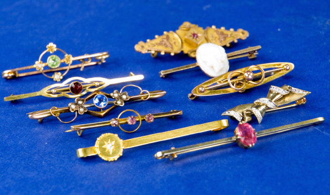 Appraisal: Collection Of Ten ct Gold Bar Brooches Set With Seed