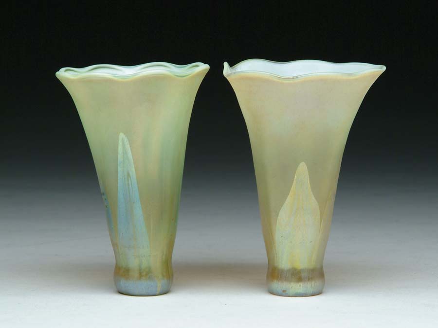 Appraisal: TWO TIFFANY LILY SHADES Opalescent shades with iridescent gold decoration