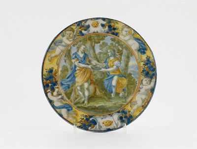 Appraisal: An Italian Castelli maiolica small plate painted with Diana receiving