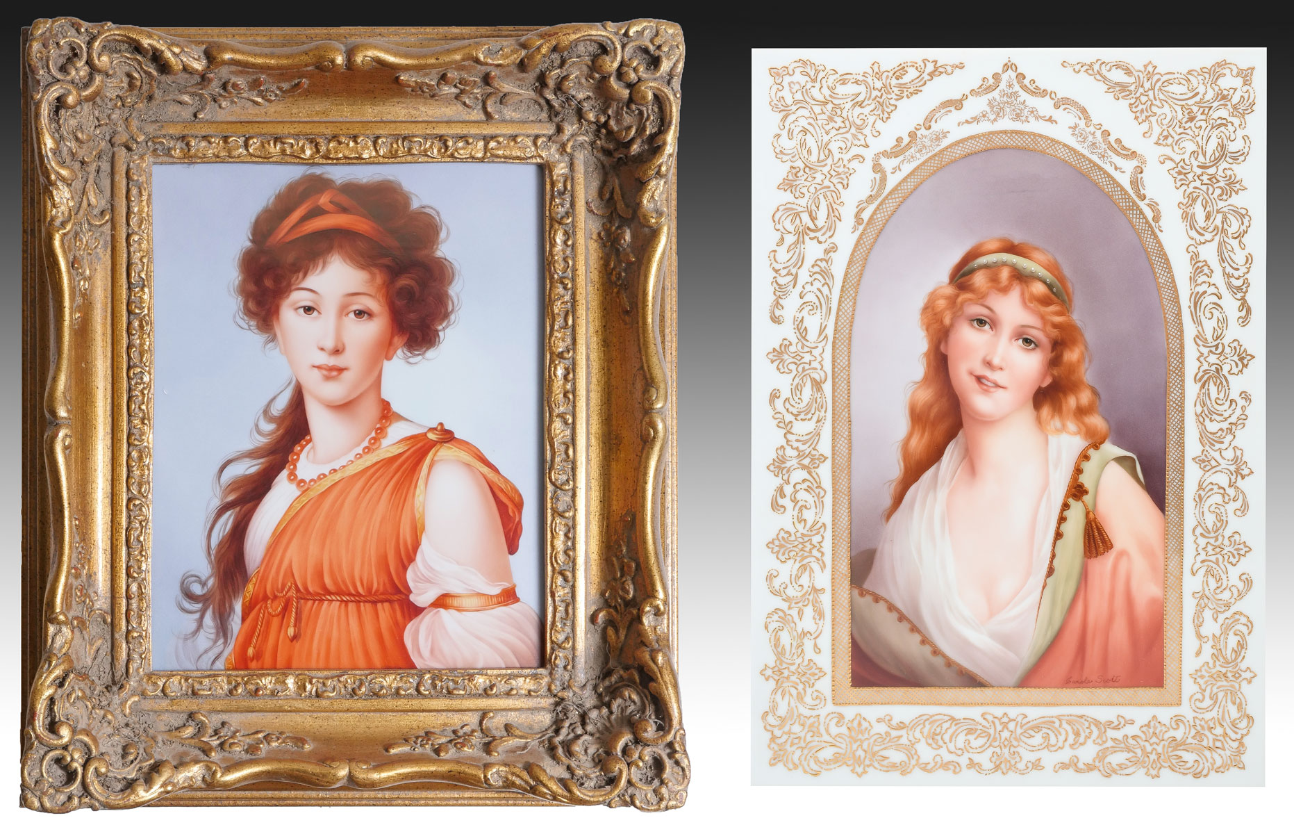 Appraisal: TWO CAROLE SCOTT PAINTED PORCELAIN PLAQUES Redheaded Beauty sight size