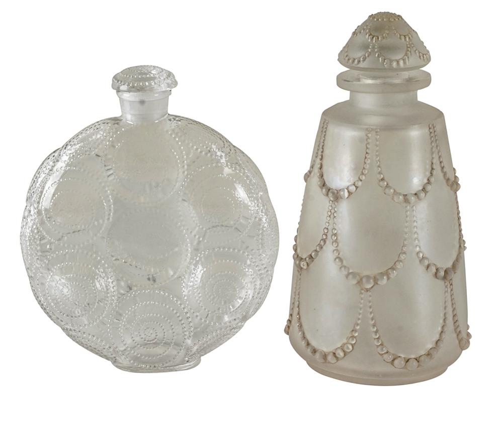 Appraisal: TWO LALIQUE BOTTLEScomprising a Perles grey-tinted frosted molded glass bottle