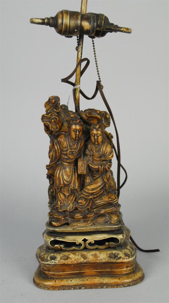 Appraisal: COMPOSITION CHINESE FIGURAL LAMP depicting two figures in a rocky