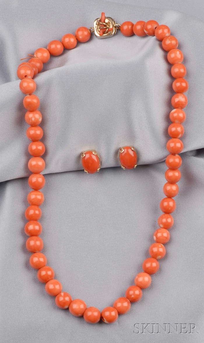 Appraisal: Coral Bead Necklace and Earclips composed of forty-nine beads each