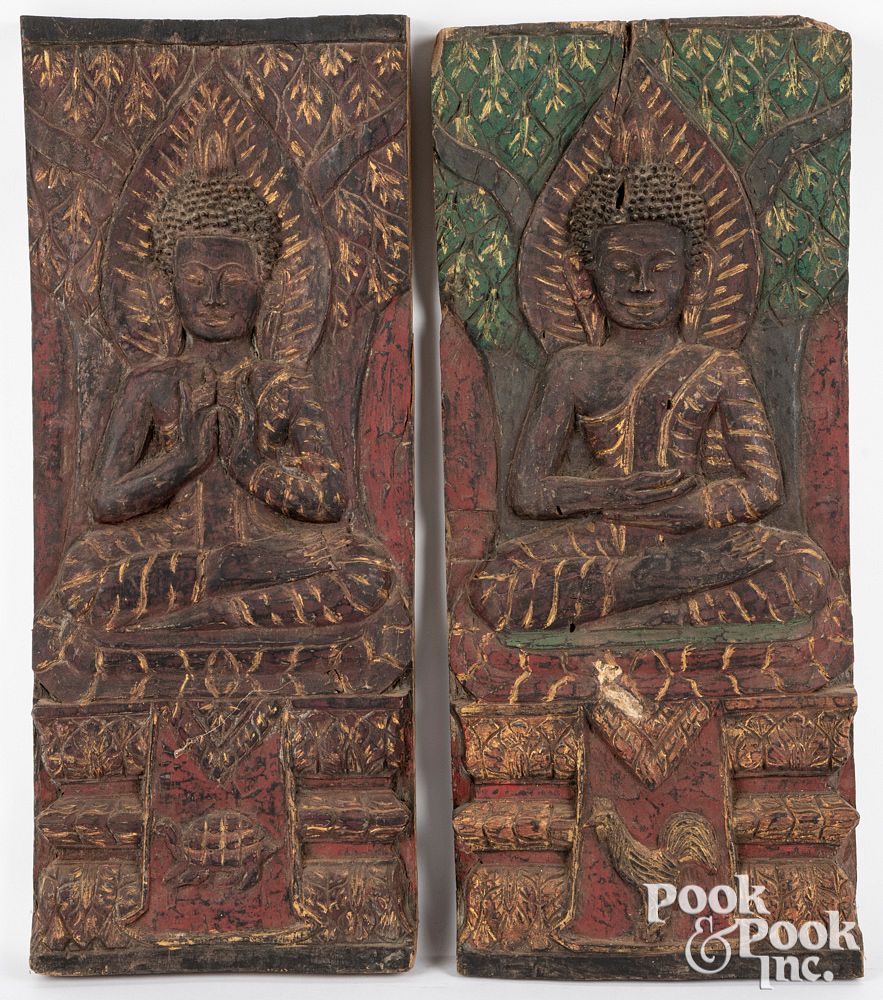 Appraisal: Two Myanmar carved and painted temple panels Two Myanmar carved