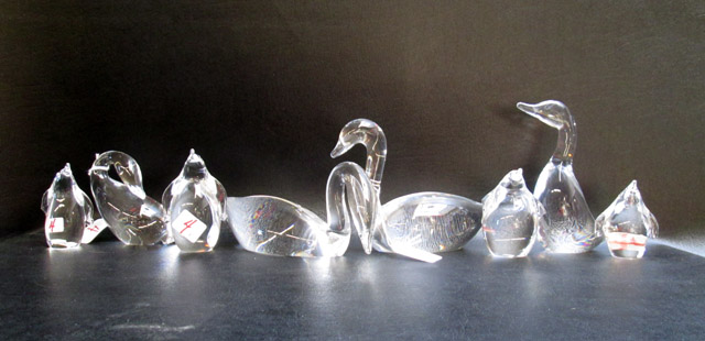 Appraisal: EIGHT STEUBEN CRYSTAL FIGURINES swans ducks and penguins each engraved