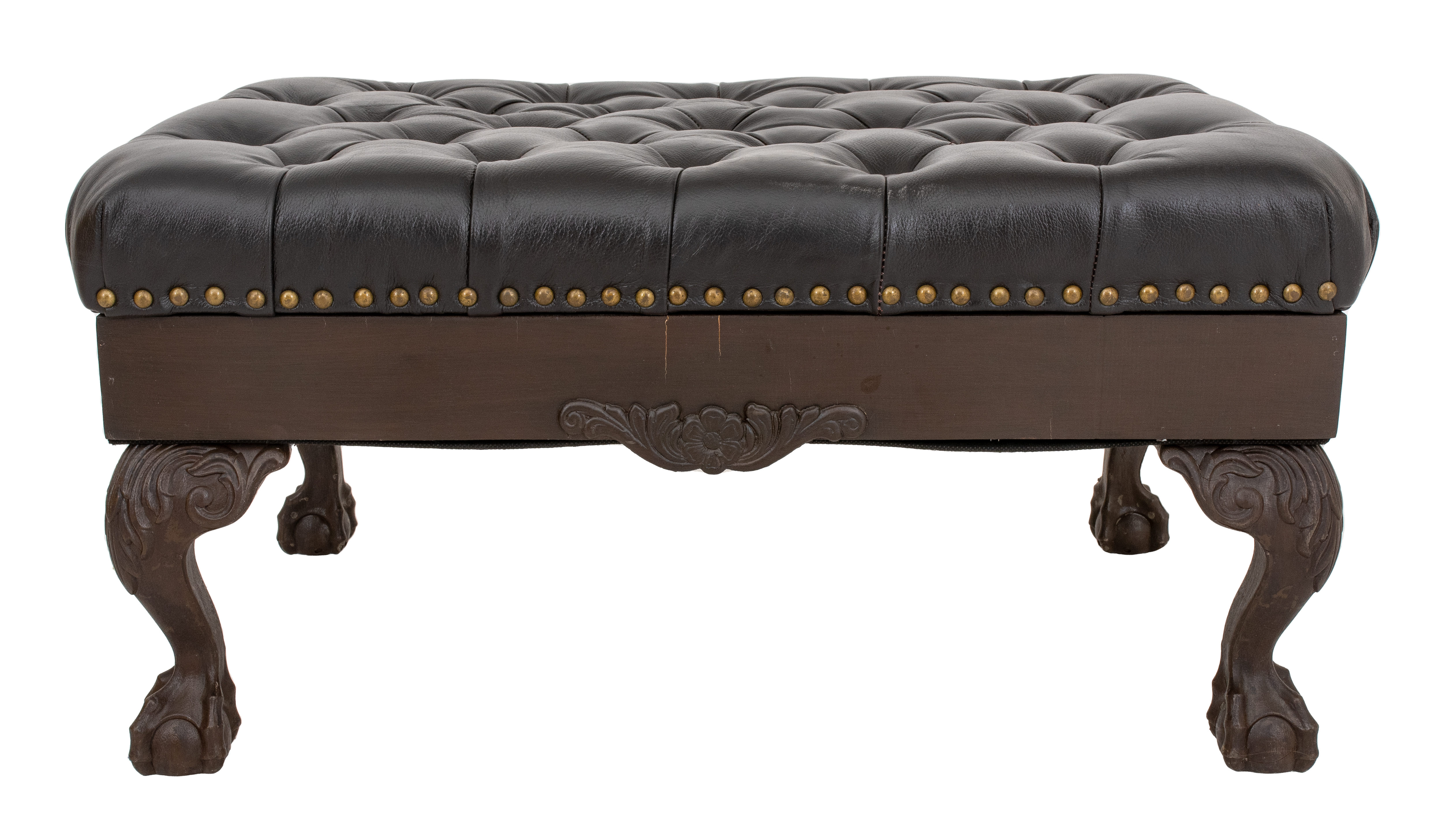 Appraisal: QUEEN ANNE STYLE BLACK TUFTED LEATHER OTTOMAN Queen Anne style