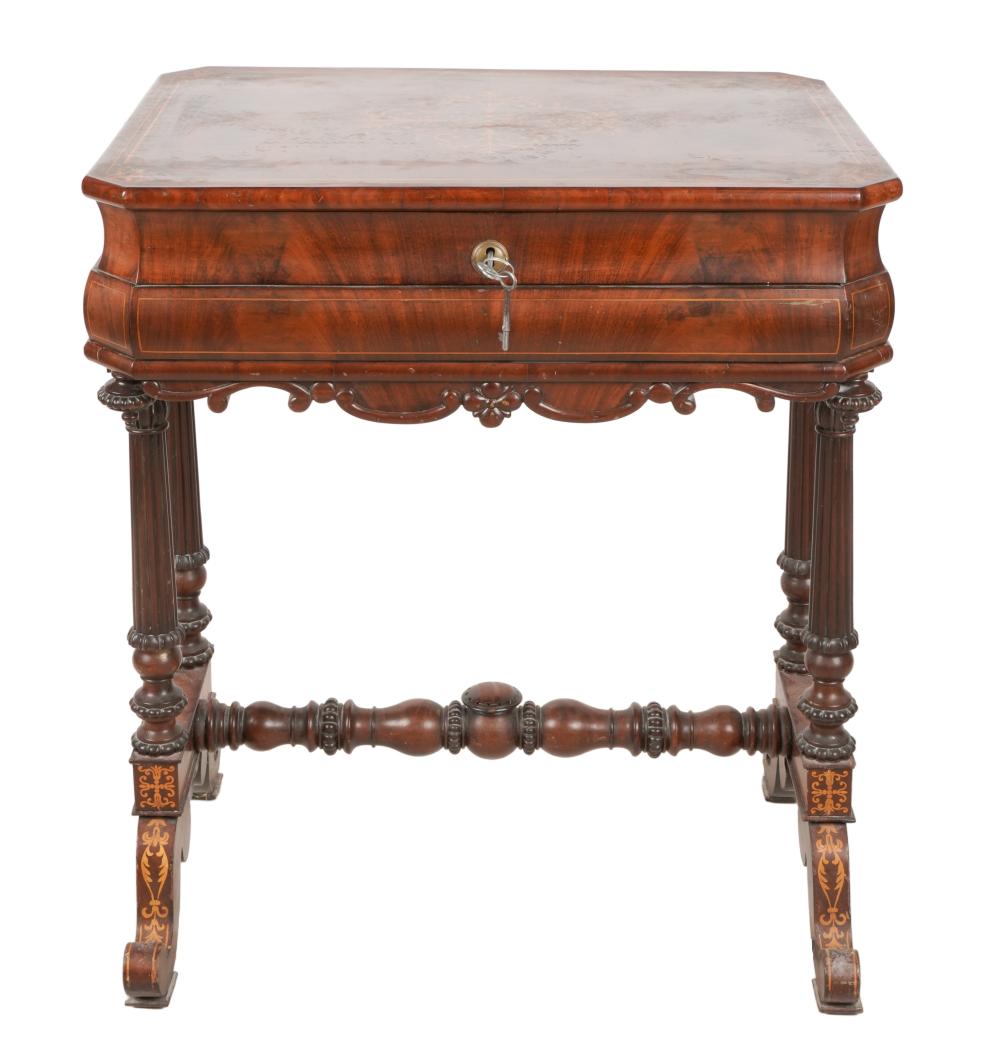 Appraisal: MARQUETRY-INLAID MAHOGANY SEWING TABLElate th century the hinged top enclosing