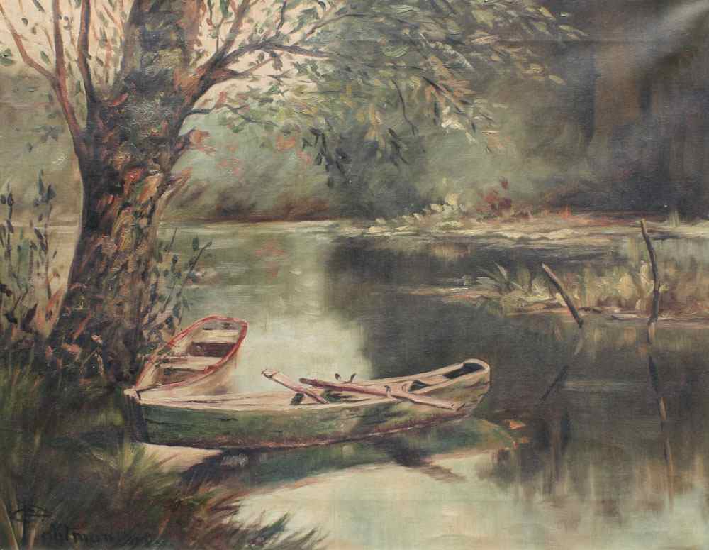 Appraisal: LATE TH EARLY TH C RIVER LANDSCAPE WITH PUNTS Oil