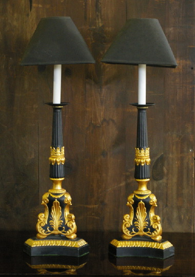 Appraisal: Tall Pair of French Parcel-Gilt Black Metal Candlestick Lamps in