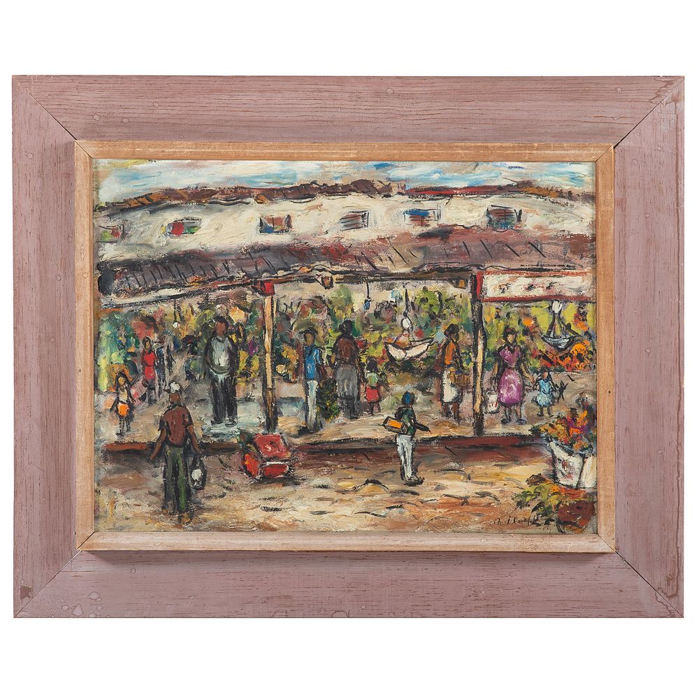 Appraisal: Edward Rosenfeld Market Scene oil on canvas American - Signed