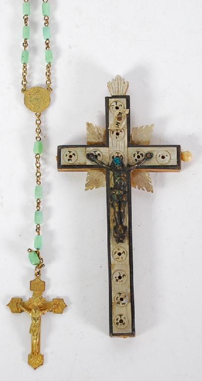 Appraisal: JERUSALEM OLIVEWOOD AND MOTHER O'PEARL CRUCIFIX with bronze figure of