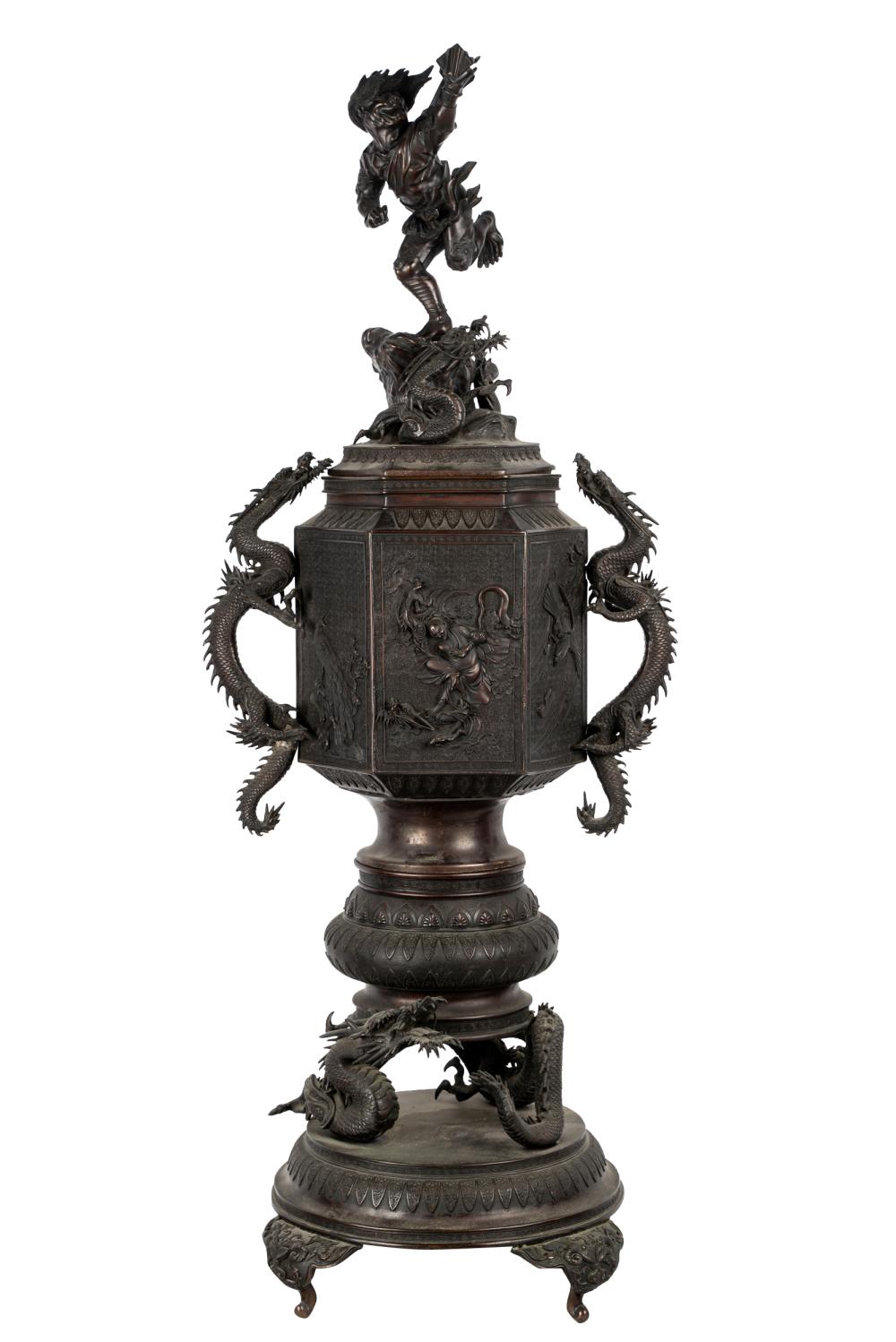 Appraisal: JAPANESE BRONZE URNsigned constructed in multiple sections with figural finial