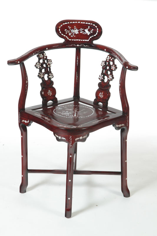 Appraisal: INLAID CORNER CHAIR China late th century mahogany Well-executed mother-of-pearl