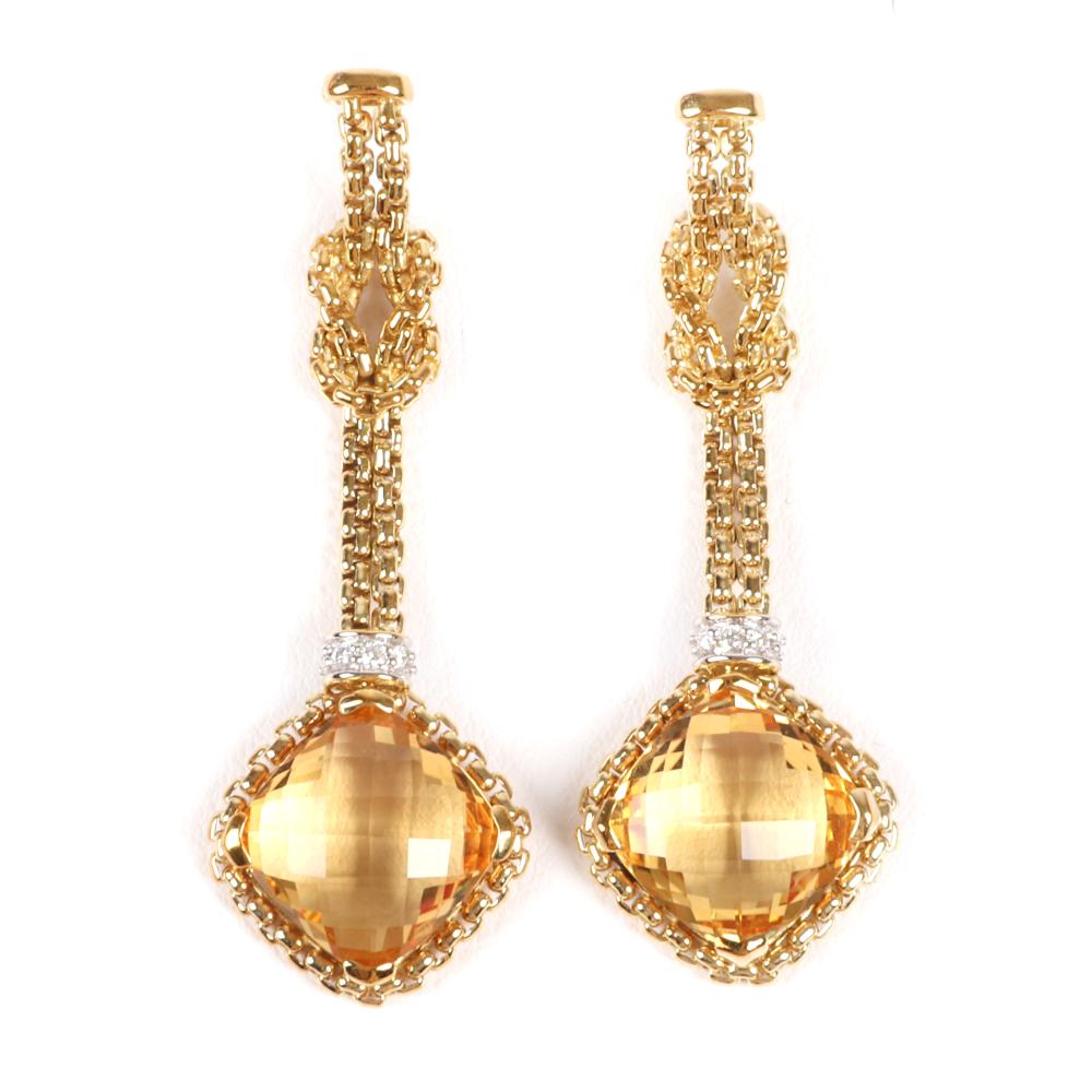 Appraisal: DAVID YURMAN K YELLOW GOLD DROP EARRINGS WITH CUSHION CUT