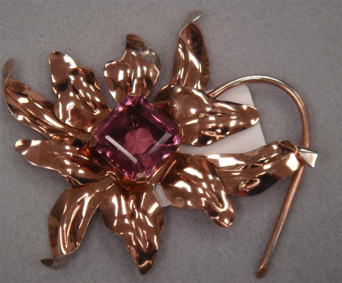 Appraisal: Sterling w copper wash flower pin with faux amethyst center